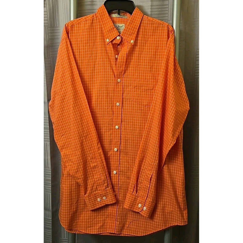 L.L. Bean Mens L Tall Coral Plaid Long Sleeve Button Workwear Pockets Outdoor